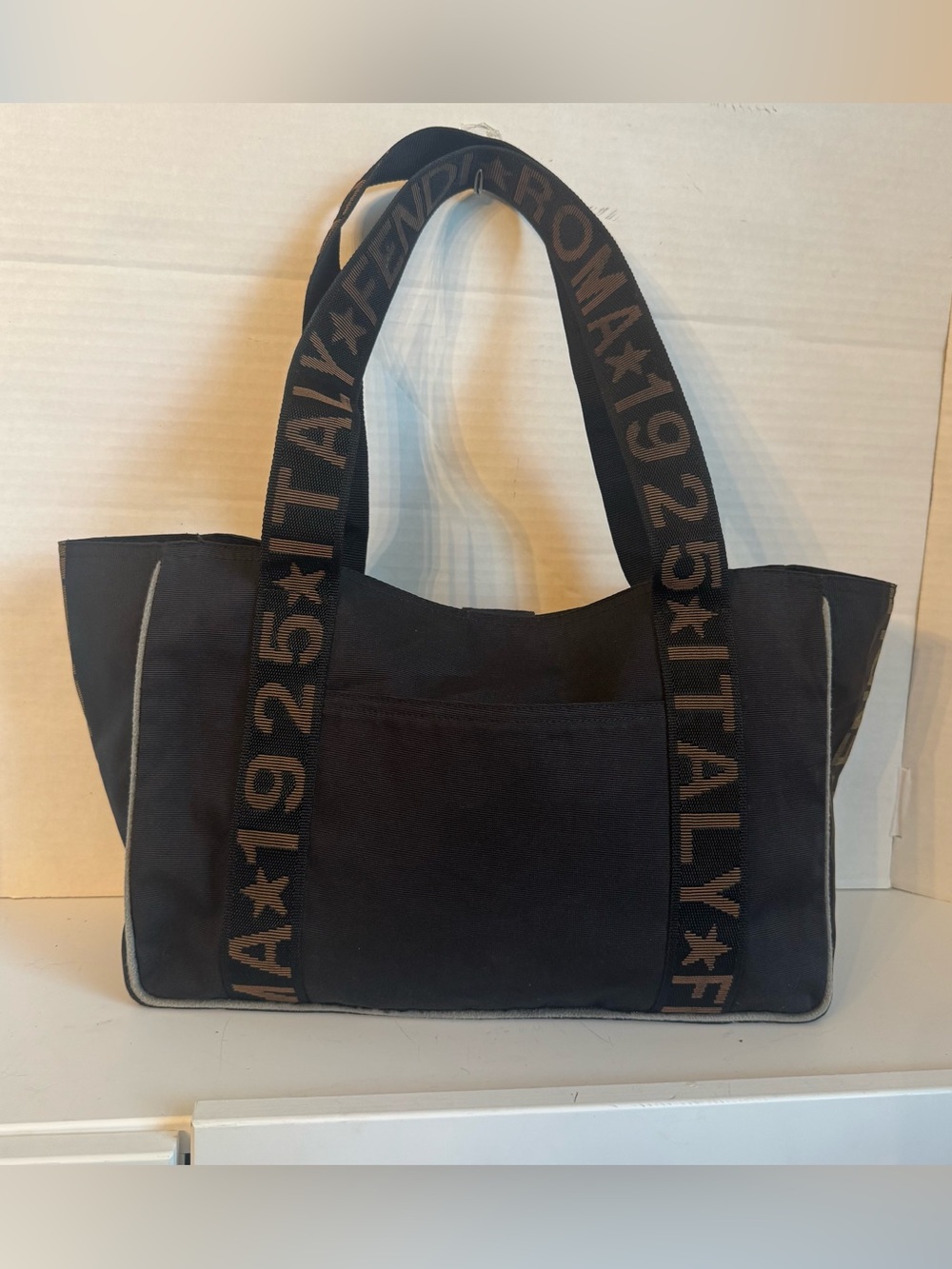 Fendi Black Tote Bag Purse Lettering Fendi Italy 1925 Gold Beige Large Size